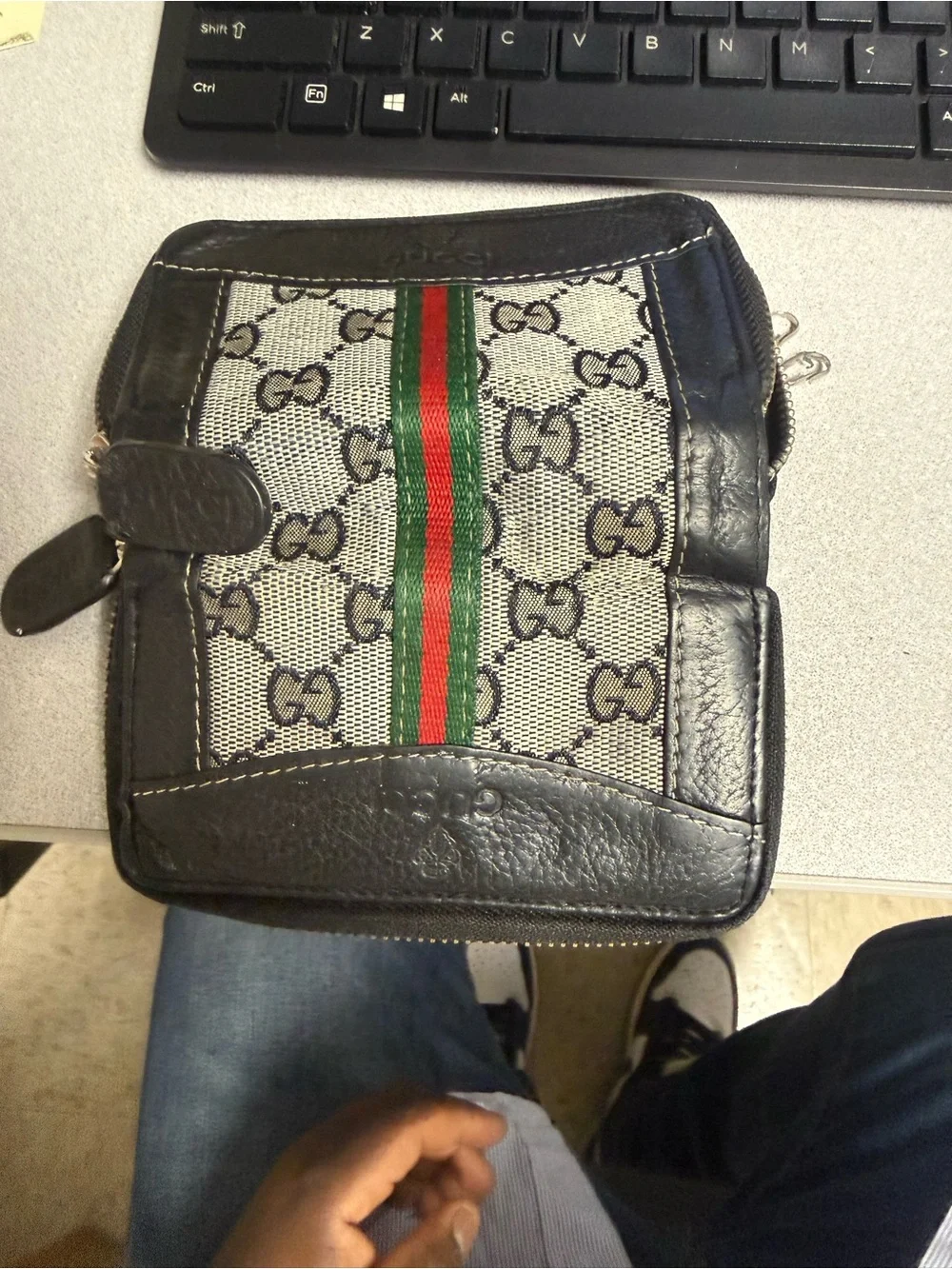 Gucci Black, Beige, Green and Red Zip Card Wallet